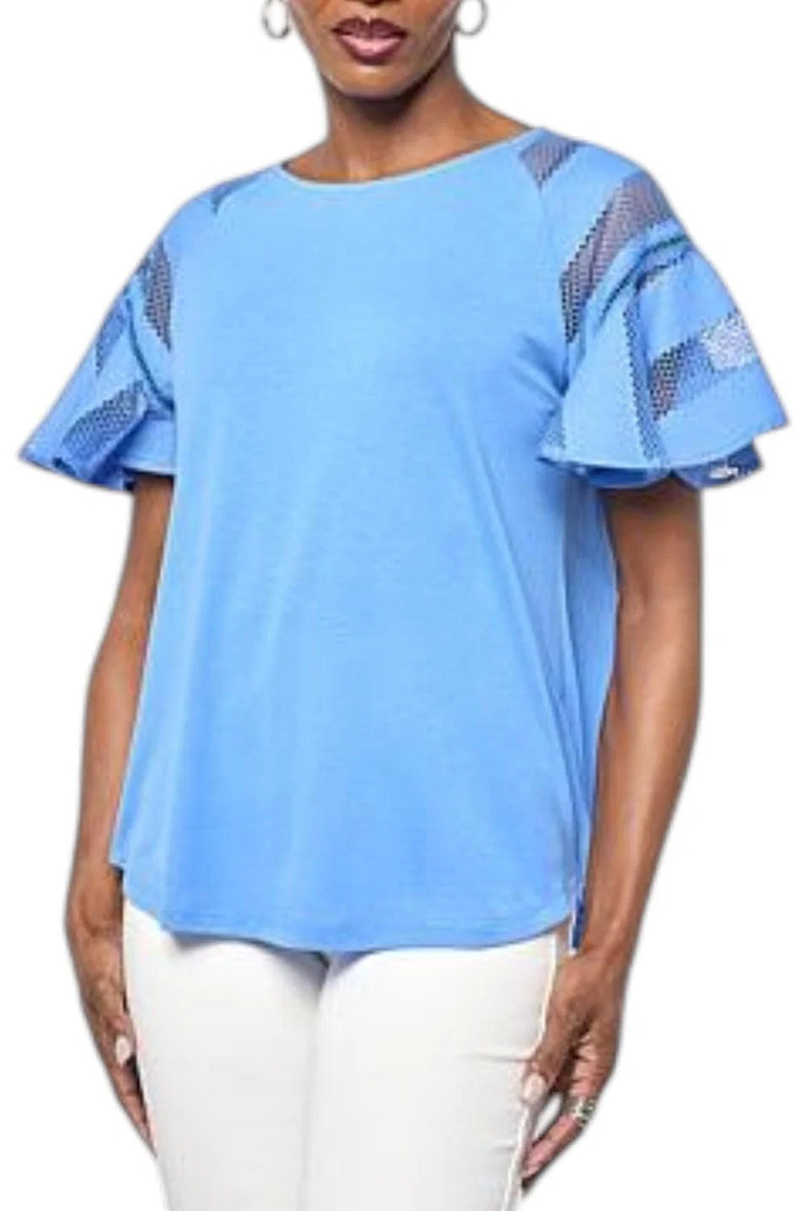 DG2 by Diane Gilman Women's Lace Combo Flutter Sleeve Top Ultramarine - Regular